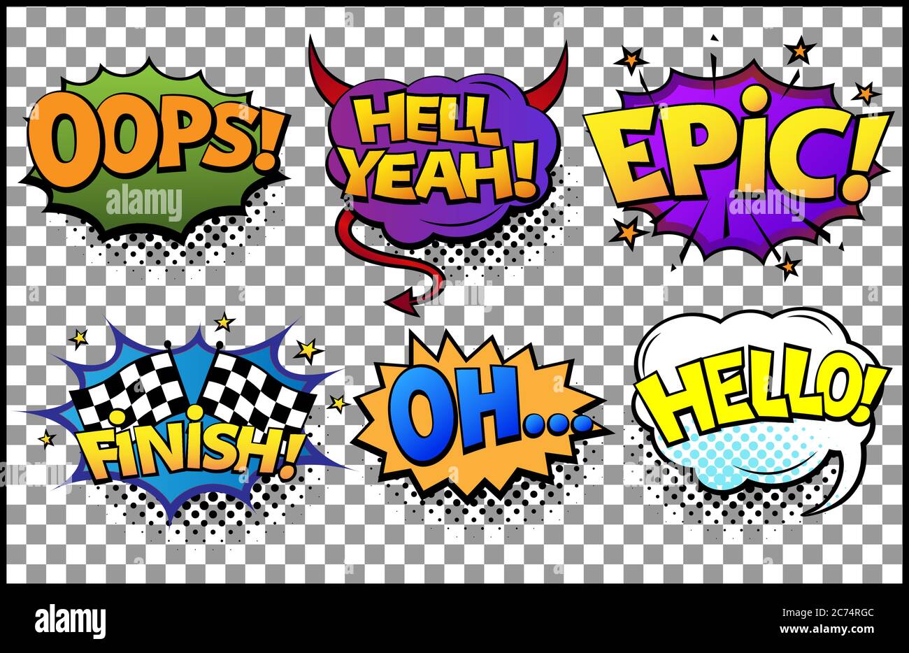 Comic speech bubbles set with different emotions and text Oops, Hell Yeah, Finish, Oh, Hello. Vector bright dynamic cartoon illustrations in retro pop Stock Vector