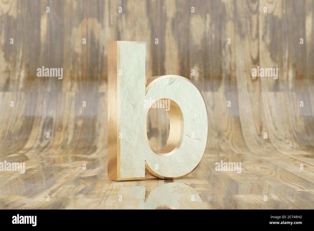 Gold 3d letter B lowercase. Golden letter on glossy wet wooden ...