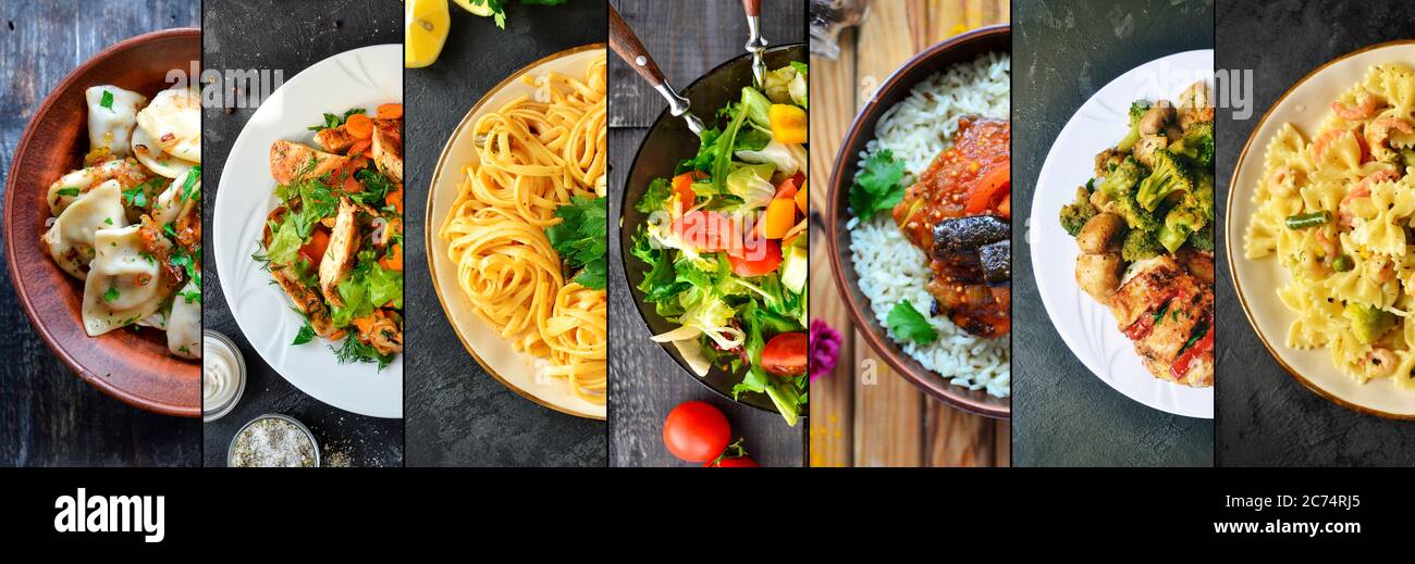 Collage of various food. Meat dishes and vegetable dishes. Menu. Food