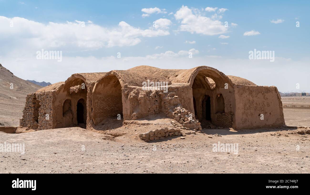 Yazd, Iran - May 2019: Ruins of Zoroastrians Dakhmeh Towers of Silence in Yazd city Stock Photo