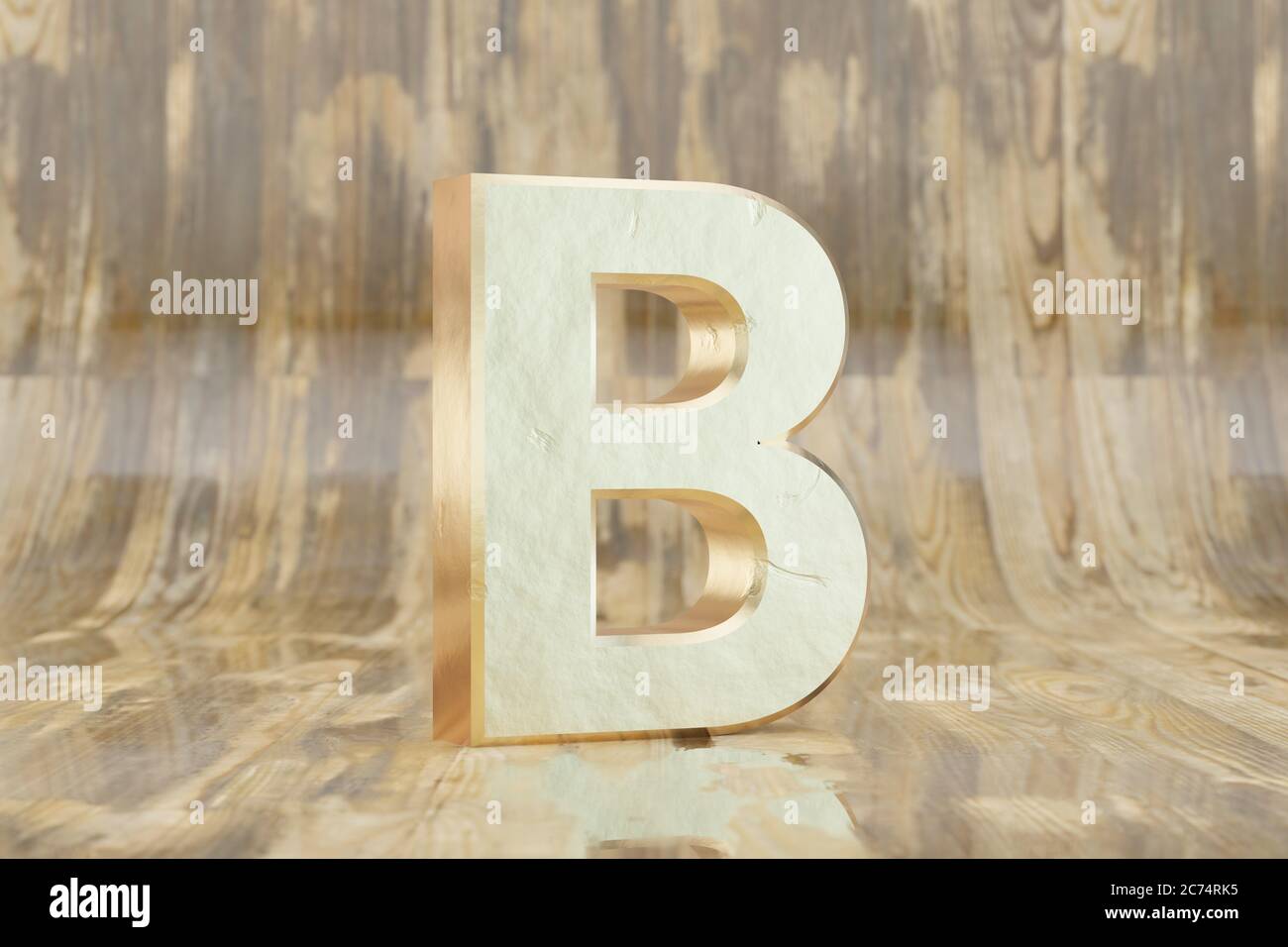Gold 3d letter B uppercase. Golden letter on glossy wet wooden ...