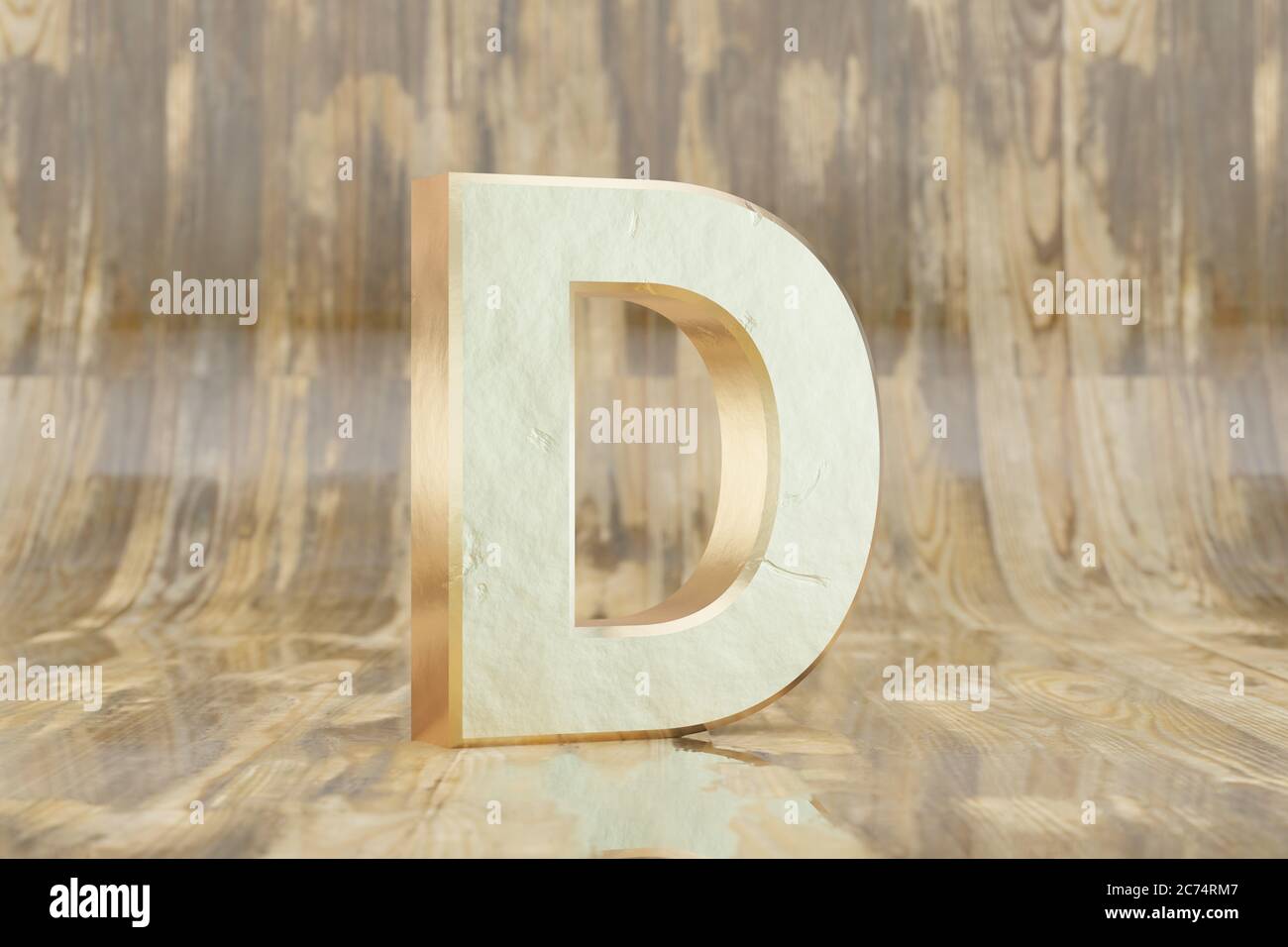 Gold 3d letter D uppercase. Golden letter on glossy wet wooden ...