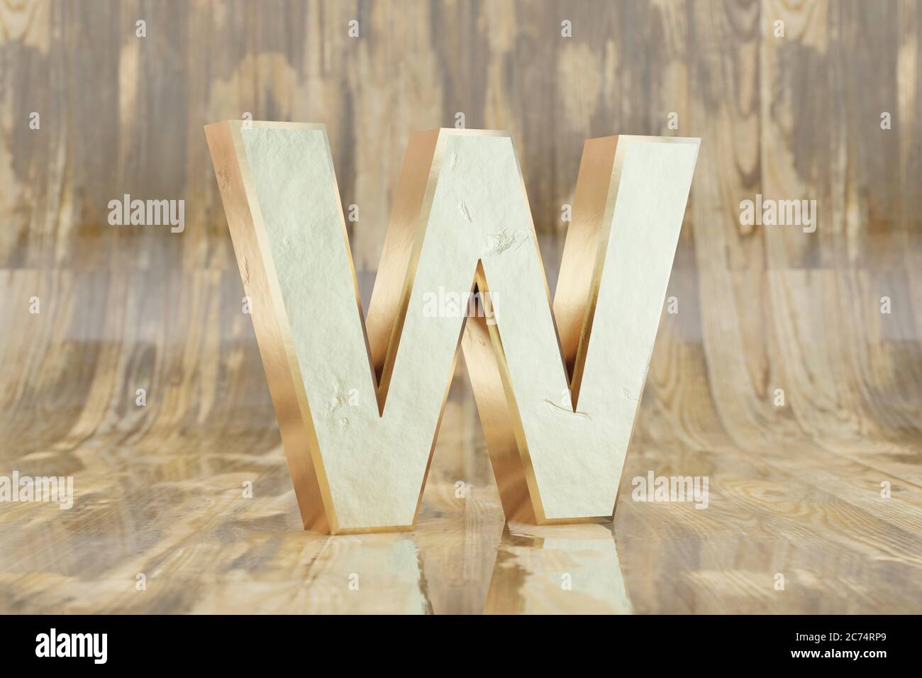 Gold 3d letter W uppercase. Golden letter on glossy wet wooden ...