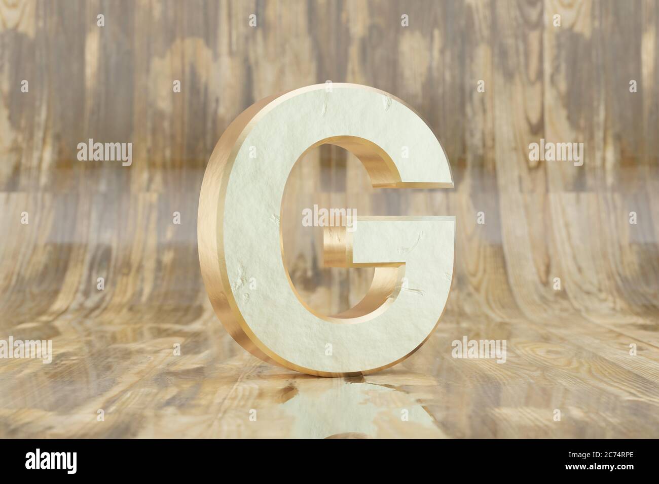 Gold 3d letter G uppercase. Golden letter on glossy wet wooden background. Golden alphabet with imperfections. 3d rendered font character. Stock Photo