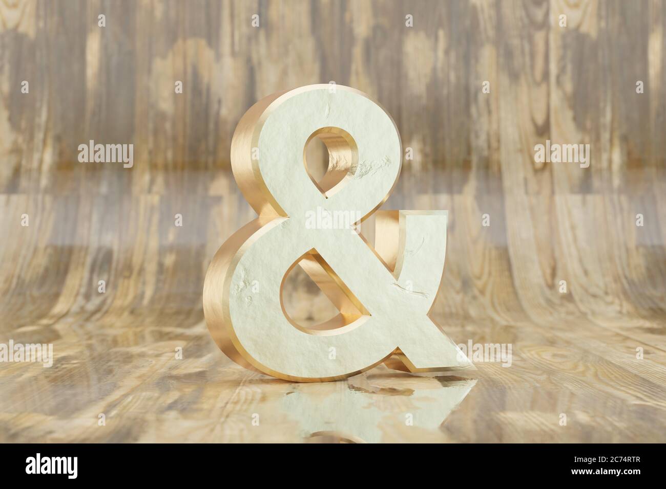 Gold 3d ampersand symbol. Golden sign on glossy wet wooden background ...