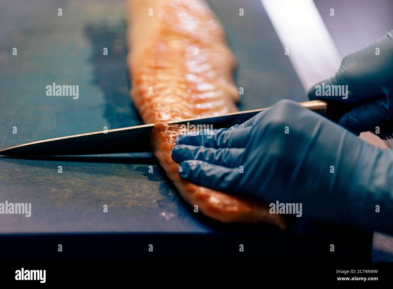 close up on hands in blue latex gloves cutting fish with professional knife Stock Photo