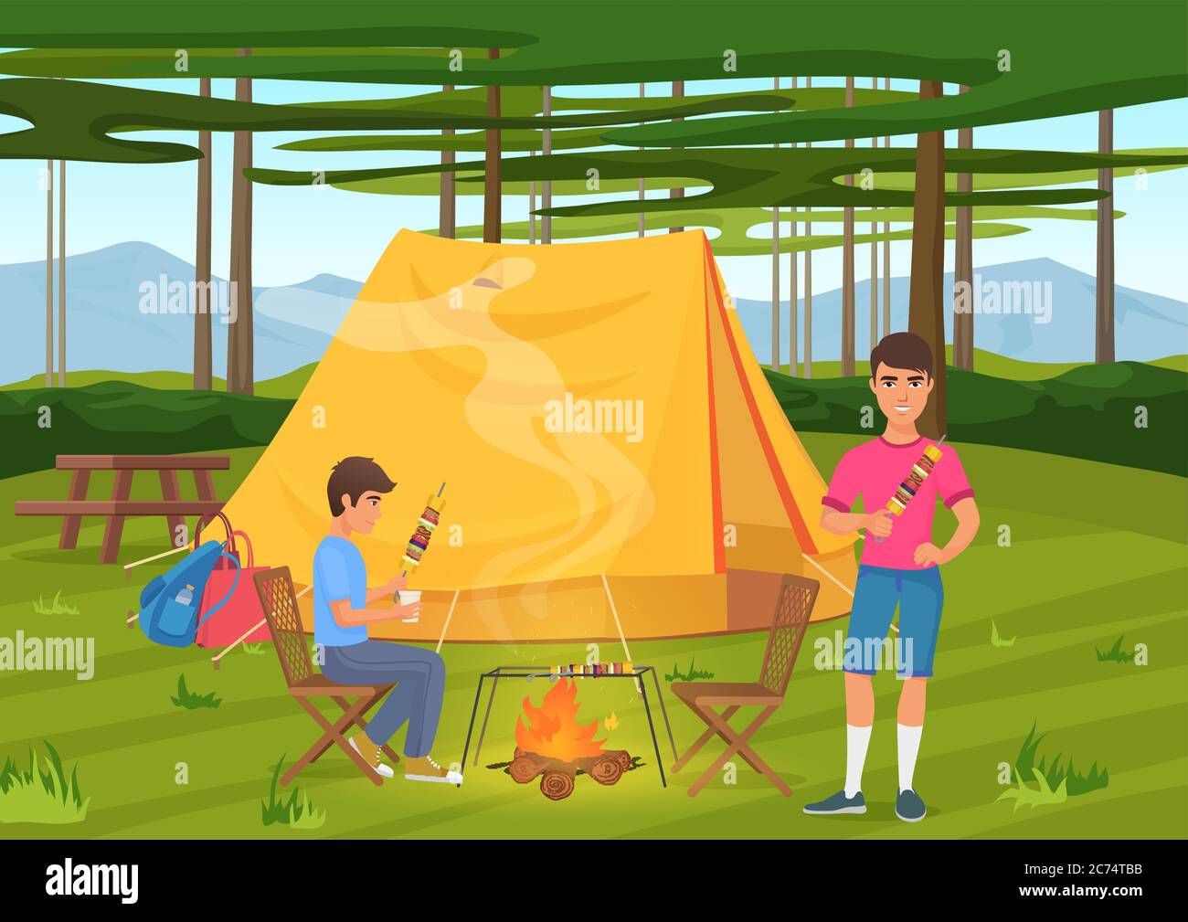 Vector illustration of two friends cooking barbeque and sitting near camping tent Stock Vector