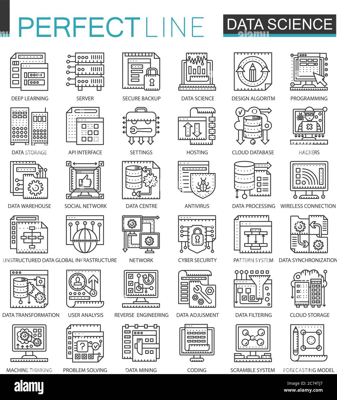 Data science technology outline mini concept symbols. Machine learning ...