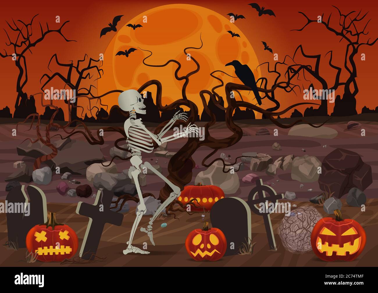 Vector halloween skeleton walking near the cemetery near pumpkins and horror forest in night Stock Vector