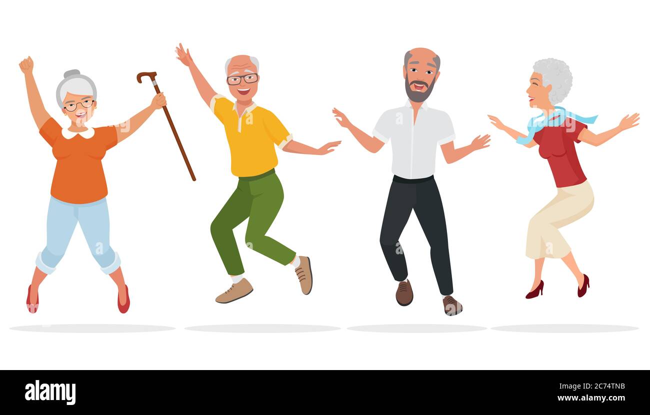 Group Of Elderly People Together Active And Happy Old Senior Jumping Cartoon Vector