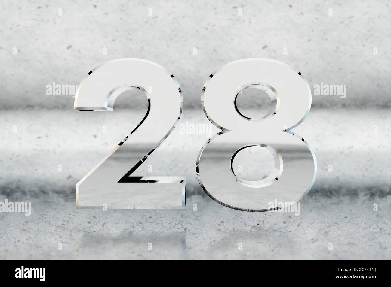 Chrome 3d number 28. Glossy chrome number on scratched metal background. Metallic digit with studio light reflections. 3d render. Stock Photo