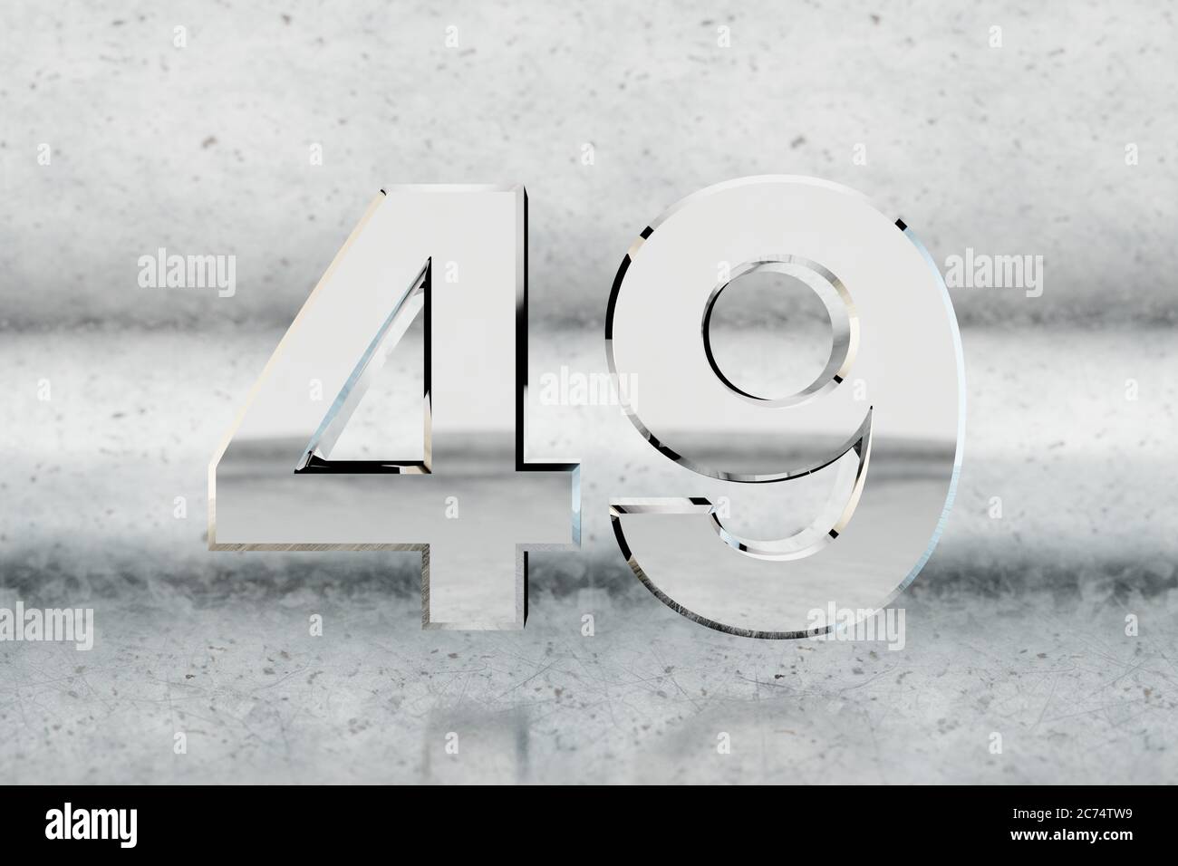 Chrome 3d number 49. Glossy chrome number on scratched metal background. Metallic digit with studio light reflections. 3d render. Stock Photo