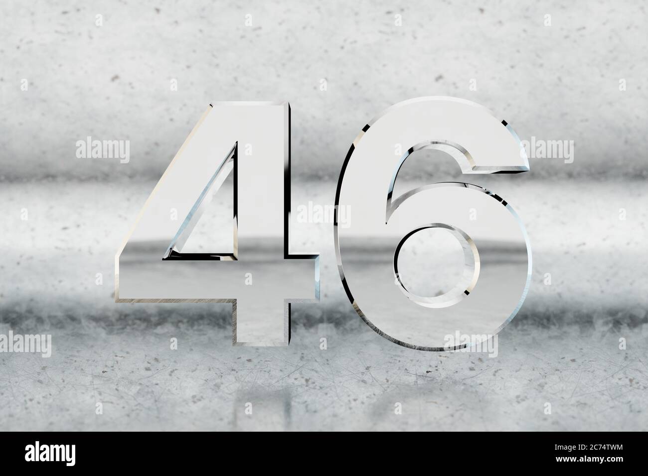 Chrome 3d number 46. Glossy chrome number on scratched metal background. Metallic digit with studio light reflections. 3d render. Stock Photo