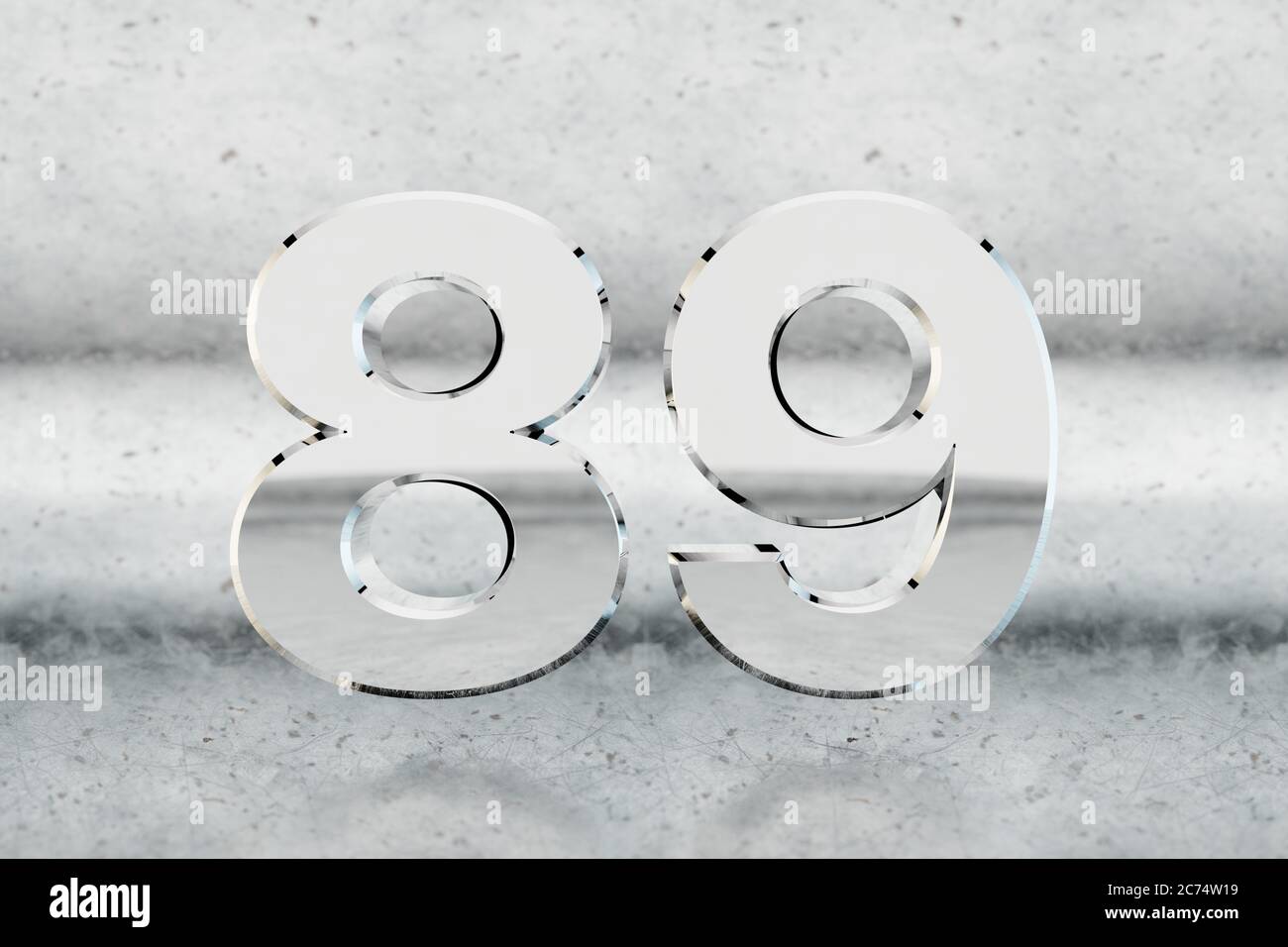 Chrome 3d number 89. Glossy chrome number on scratched metal background. Metallic digit with studio light reflections. 3d render. Stock Photo