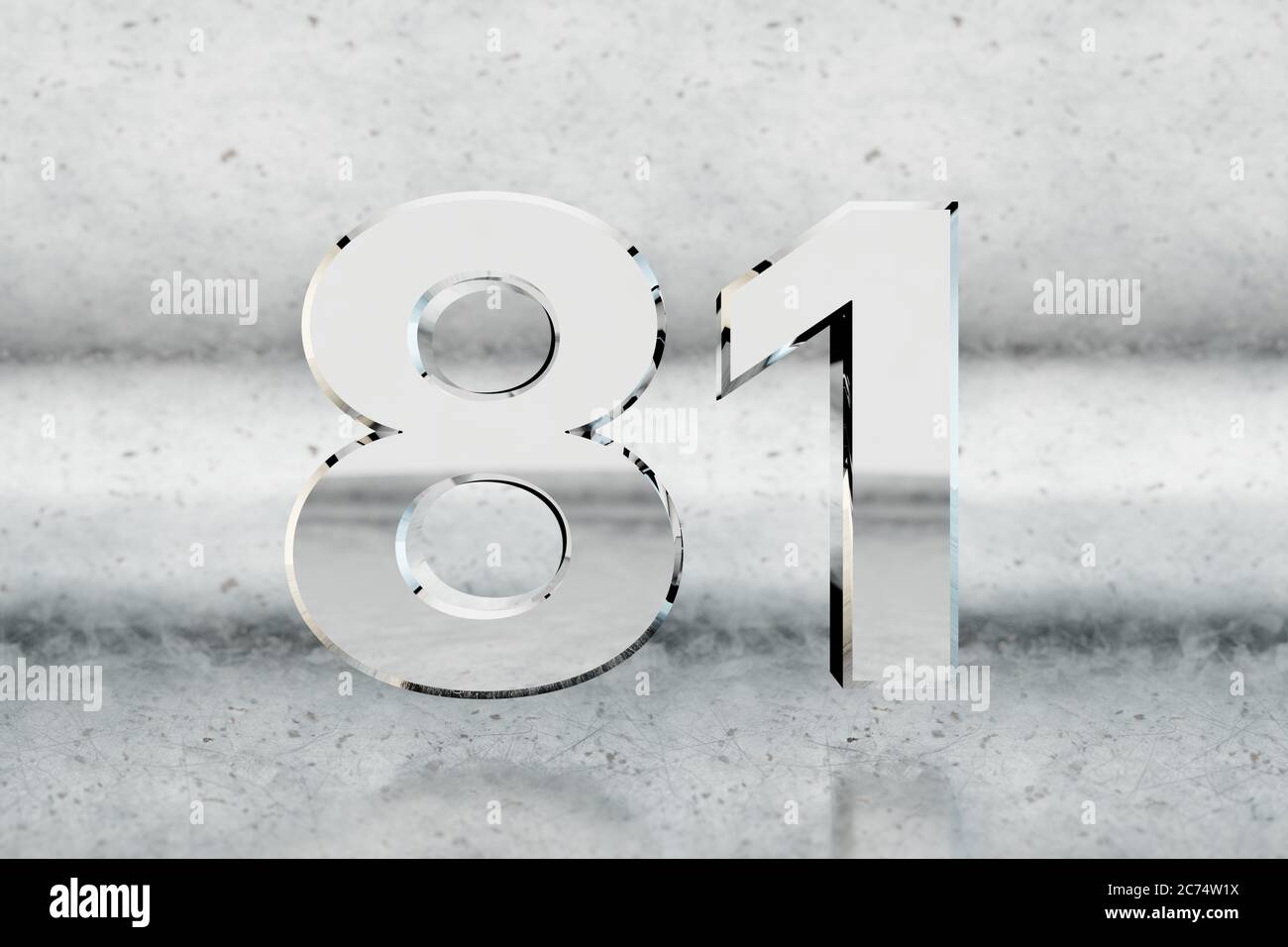 Chrome 3d number 81. Glossy chrome number on scratched metal background. Metallic digit with studio light reflections. 3d render. Stock Photo