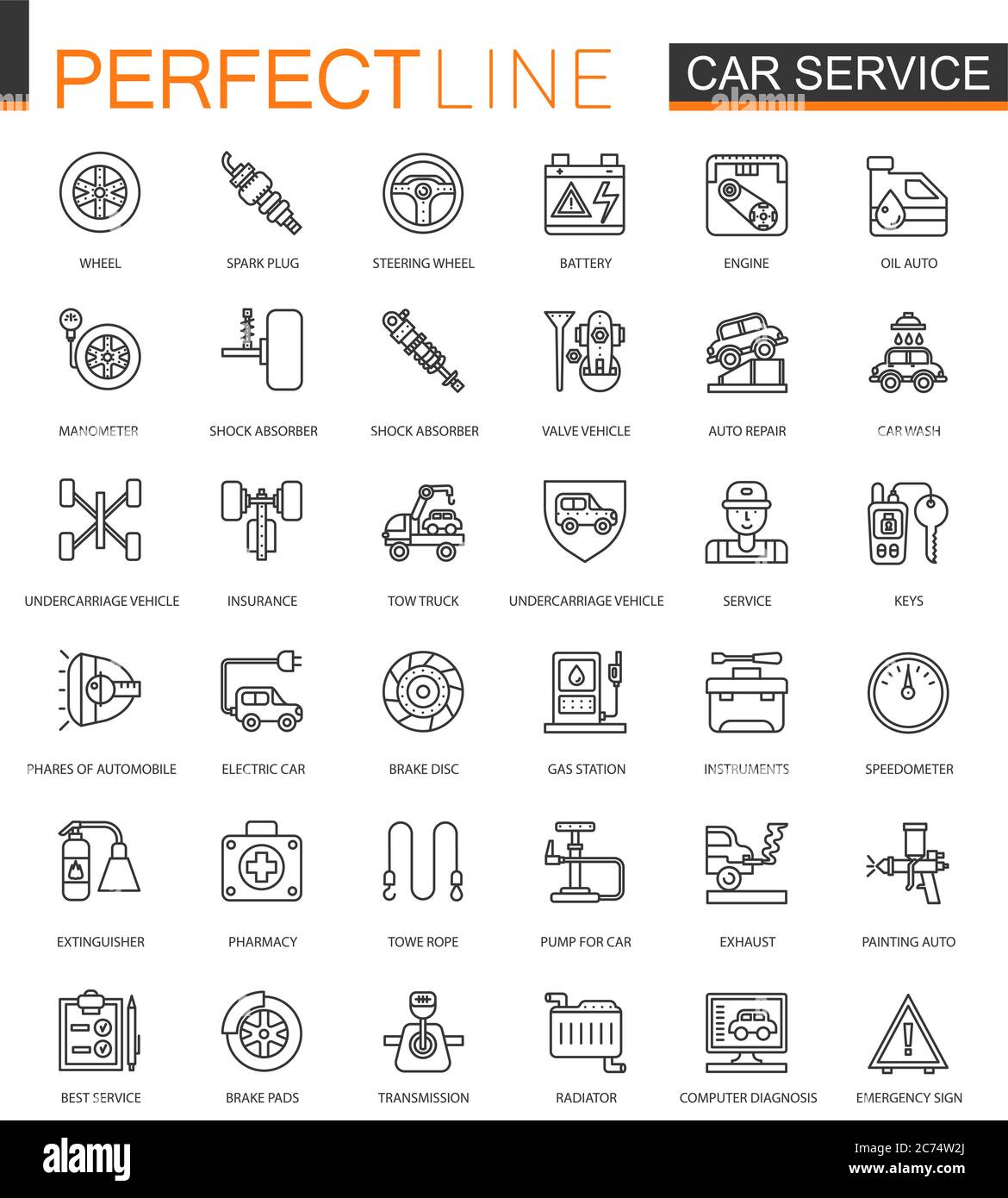Car repair service thin line web icons set. Outline stroke icons design Stock Vector