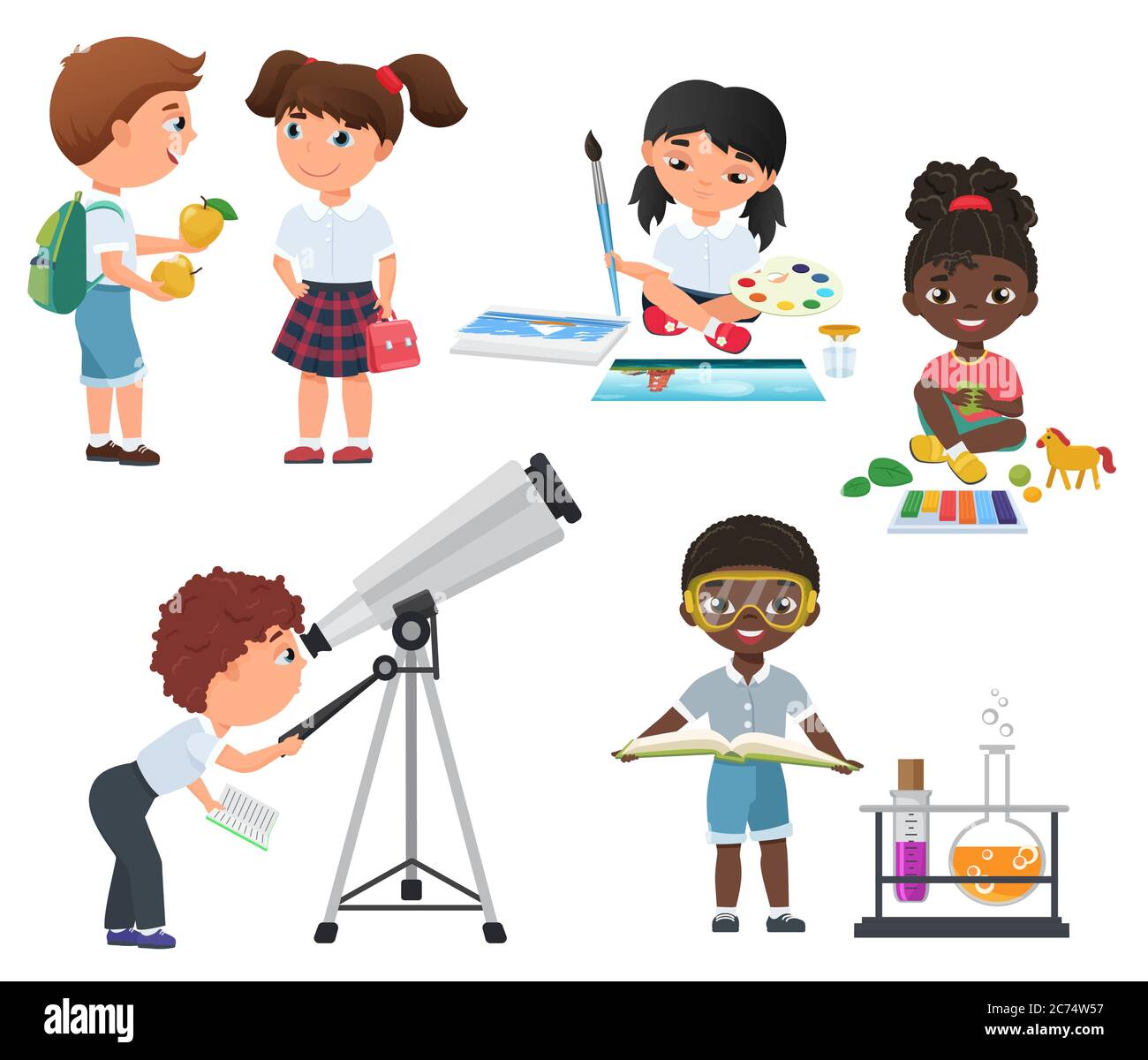 Cute vector Pupils activity in school set. Little school kids set Stock Vector