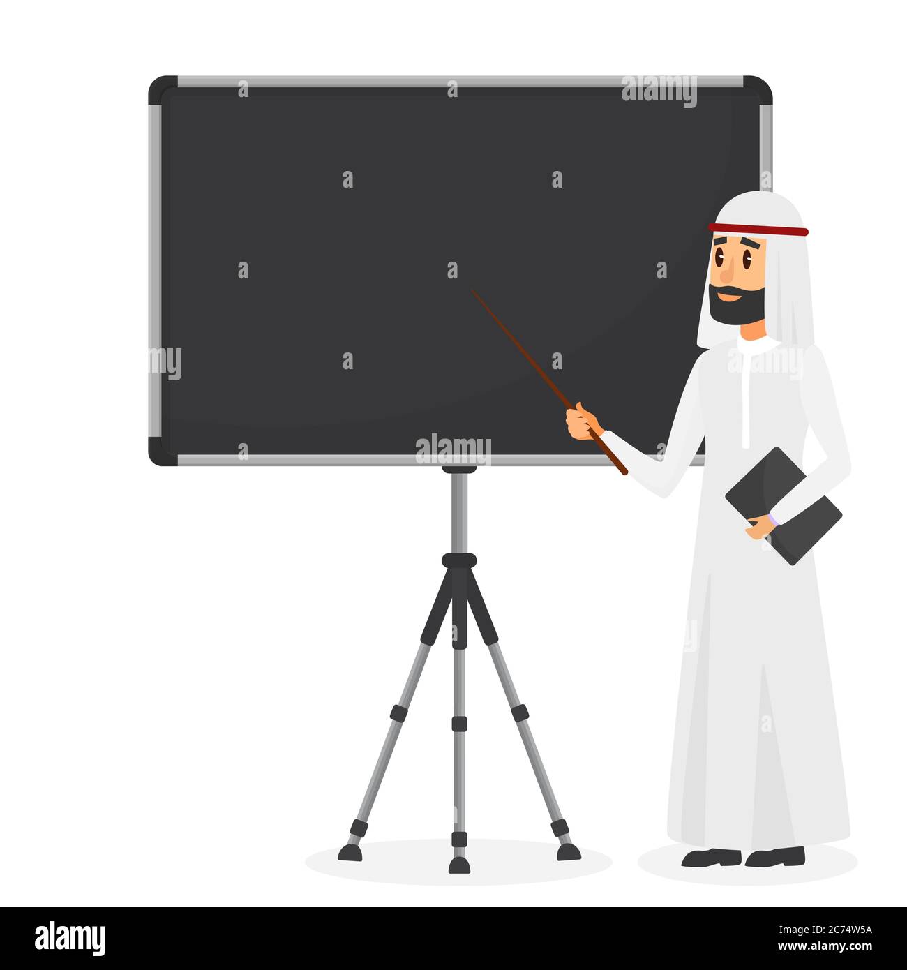 Arabic businessman making presentation on flipchart. Muslim man business plan flat vector illustration Stock Vector