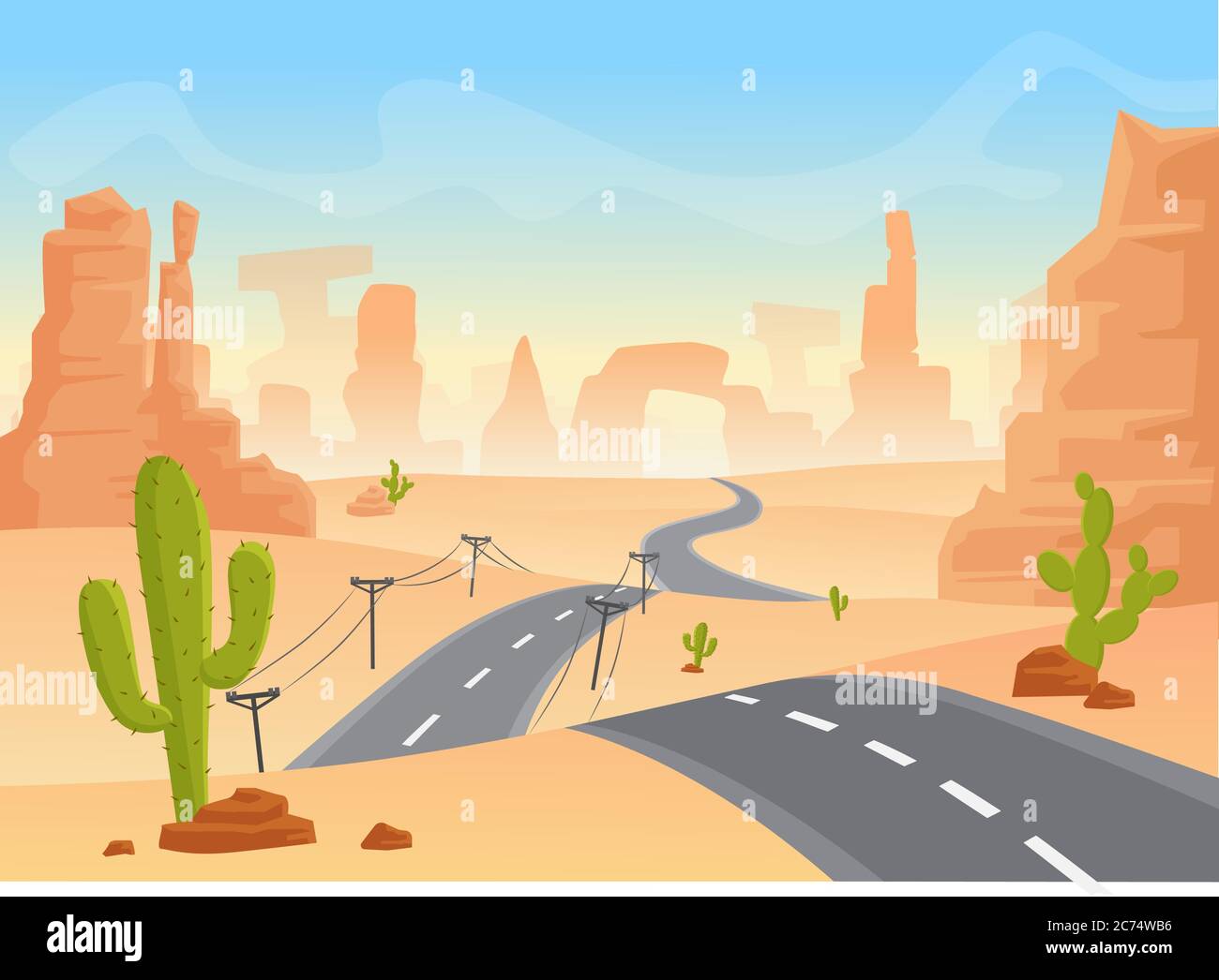 Desert texas landscape. Vector cartoon desert with road, cactuses and rock mountains Stock Vector