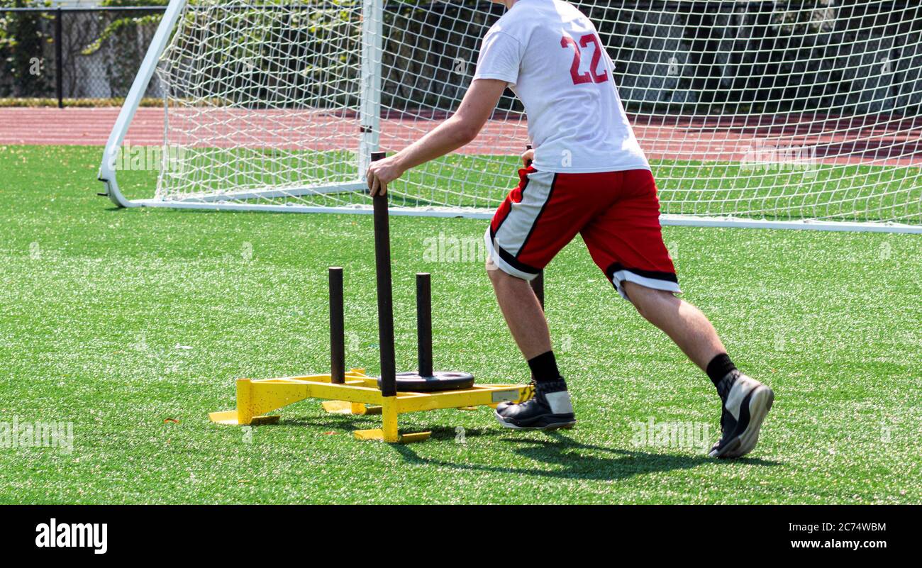 A tall teenage athlete pushing a yellow sled on a green turf field for strength and speed practice. Stock Photo