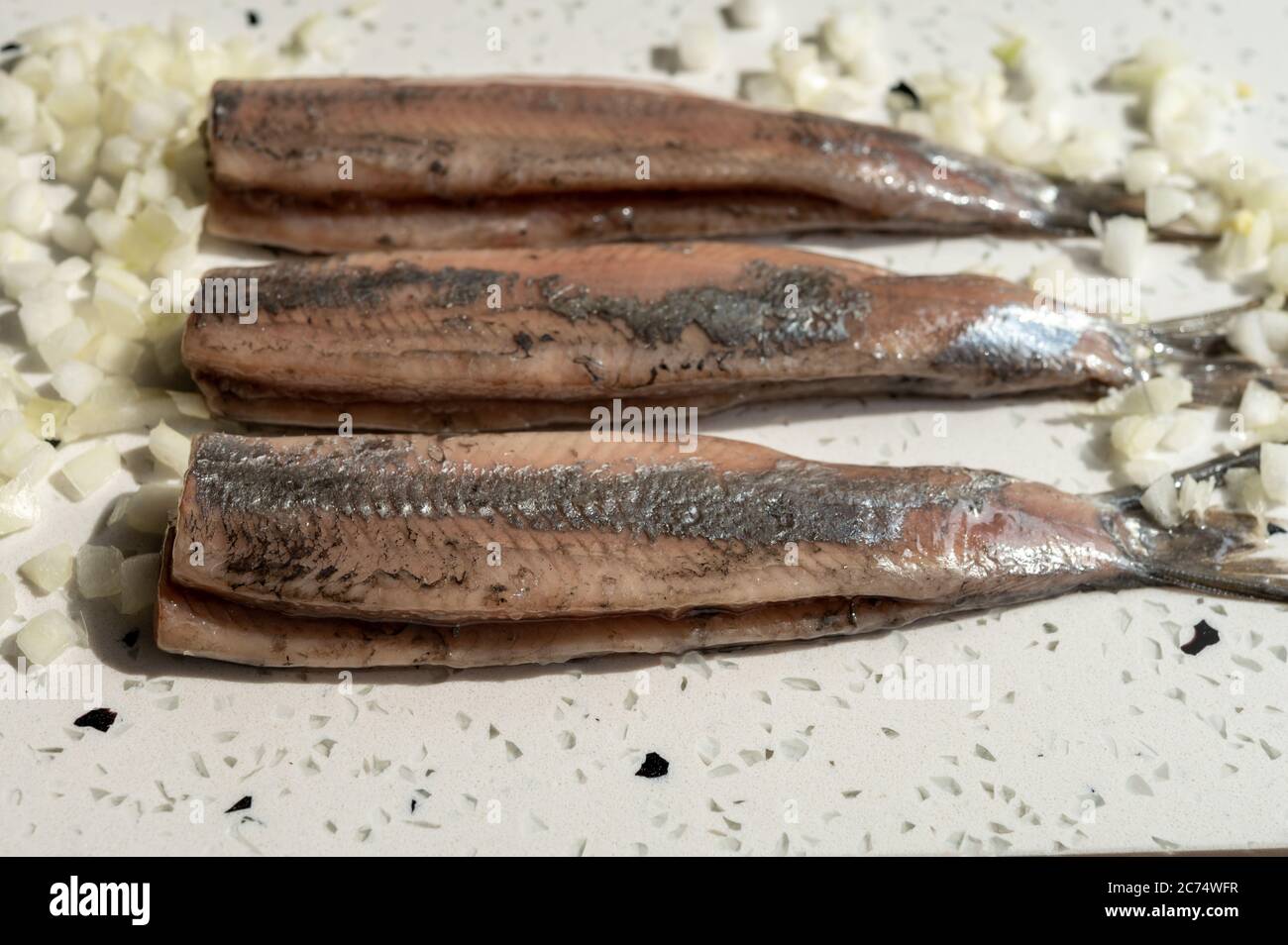 New season of Dutch herring fresh salted fish ready to eat, traditional