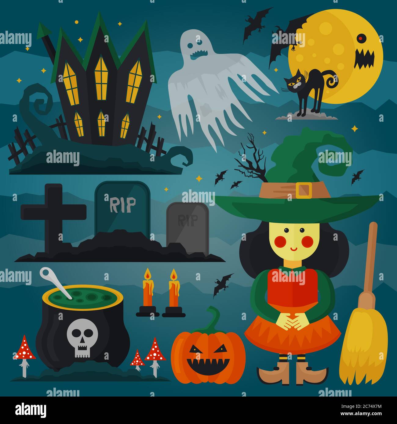 Set of witch, cat, zombie, pumpkin and other different spooky decorations and elements for Halloween. Vector horror card Stock Vector