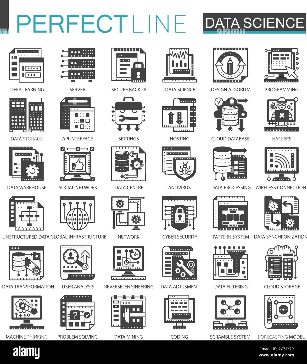Data science technology classic black mini concept symbols. Machine learning process modern icon pictogram vector illustrations set Stock Vector