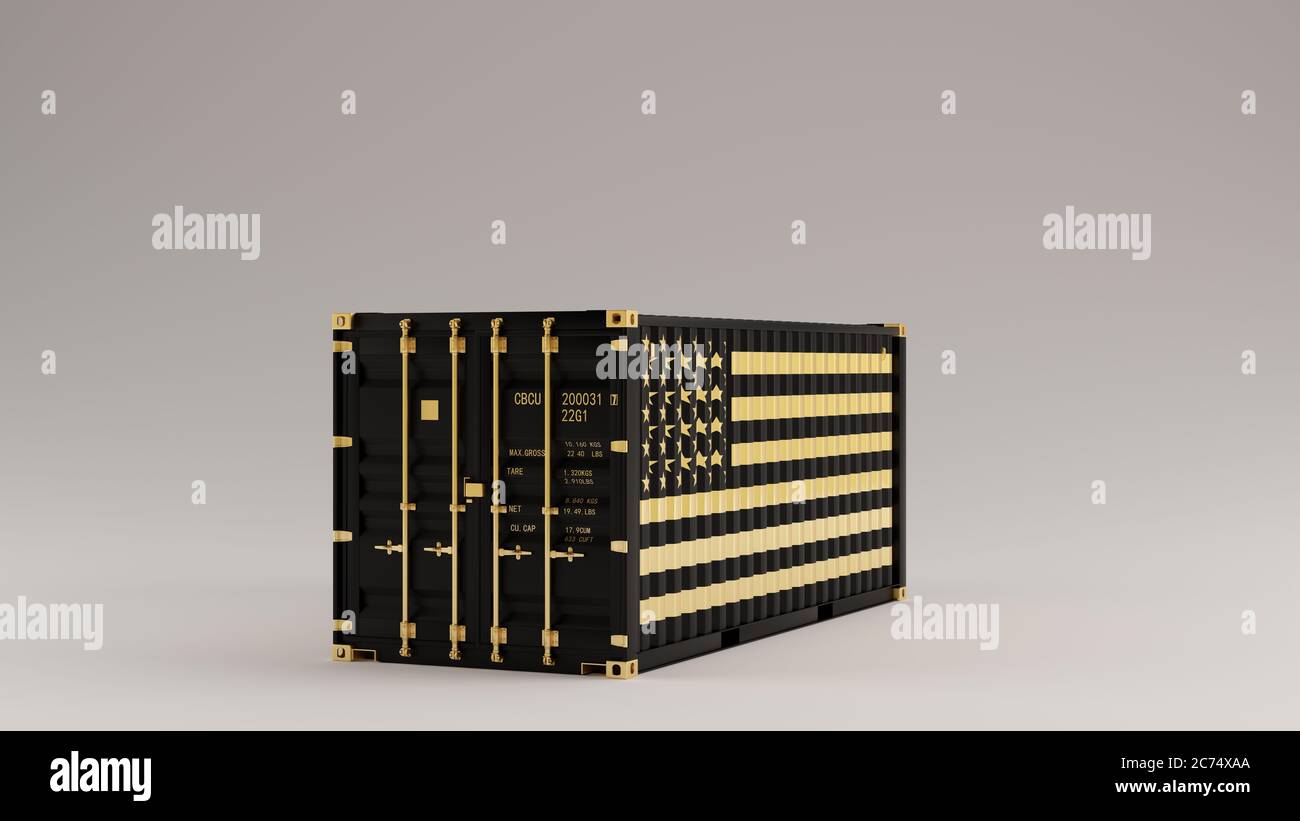 Black with Gold United States of America Flag Detail Intermodal Cargo Container 3d illustration 3d render Stock Photo