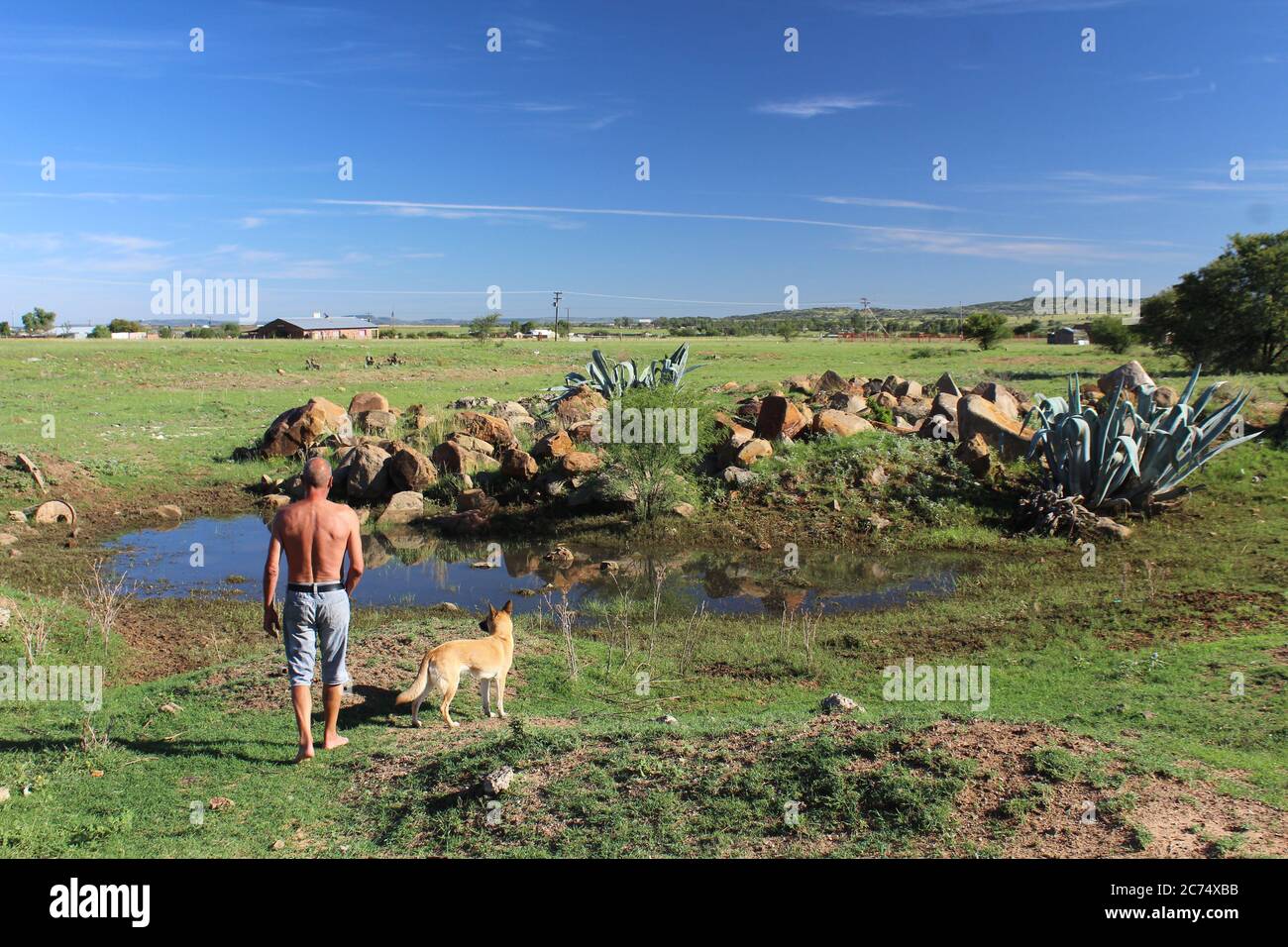 Older man and his dog in African landscape Stock Photo