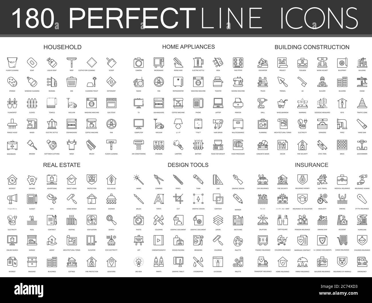 180 modern thin line icons set of household, home appliances, building construction, real estate, design tools, insurance isolated. Stock Vector