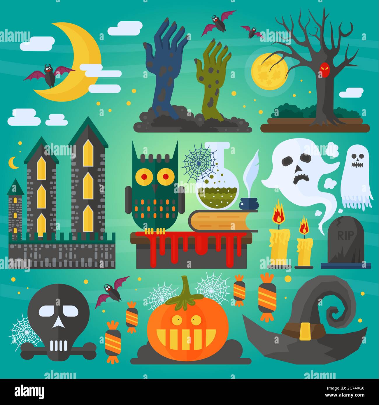 Vector illustration of zombie hands, bats, owl, ghost, castle and other different spooky elements and decorations for Halloween Stock Vector