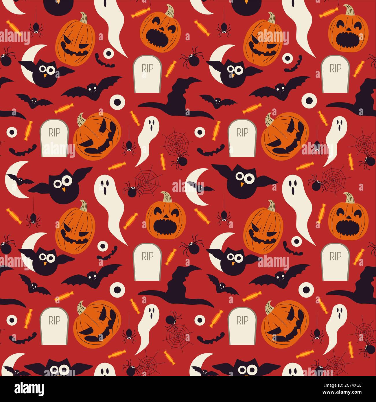 Vector illustration of Halloween seamless pattern with owls, pumpkins, gravestones, treats, and bats Stock Vector