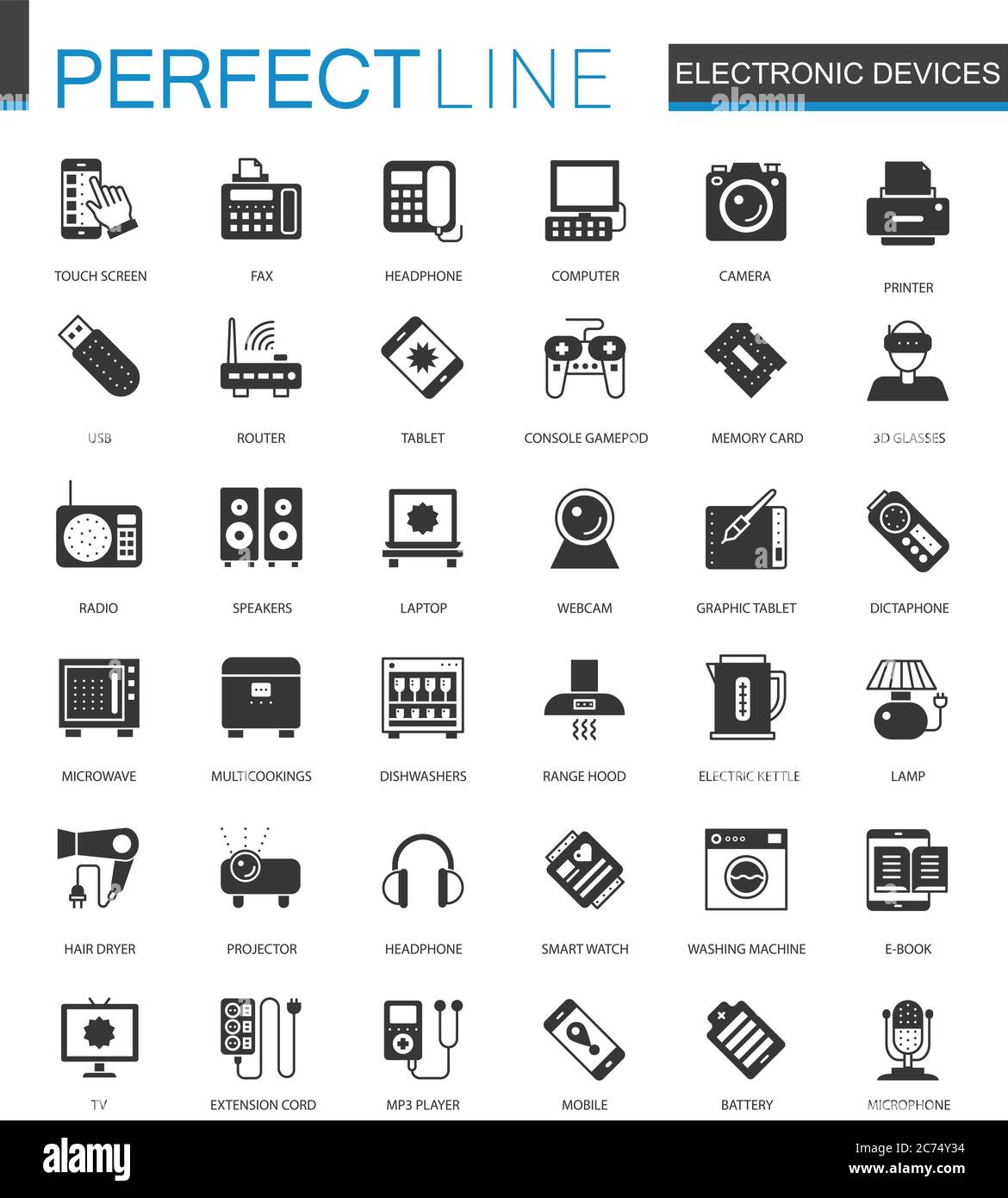 Black classic electronic devices icons set isolated Stock Vector