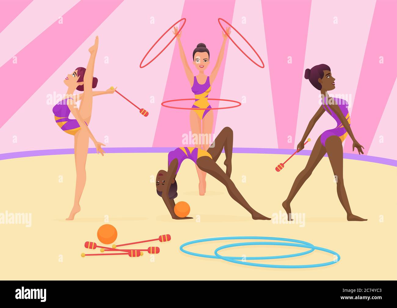Young woman doing the different types of gymnastics. Vector illustration Stock Vector