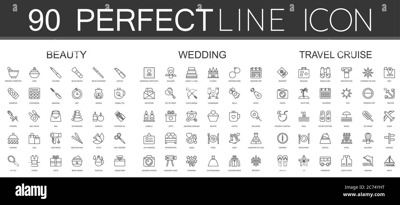 90 modern thin line icons set of beauty cosmetics, wedding, travel cruise isolated. Stock Vector