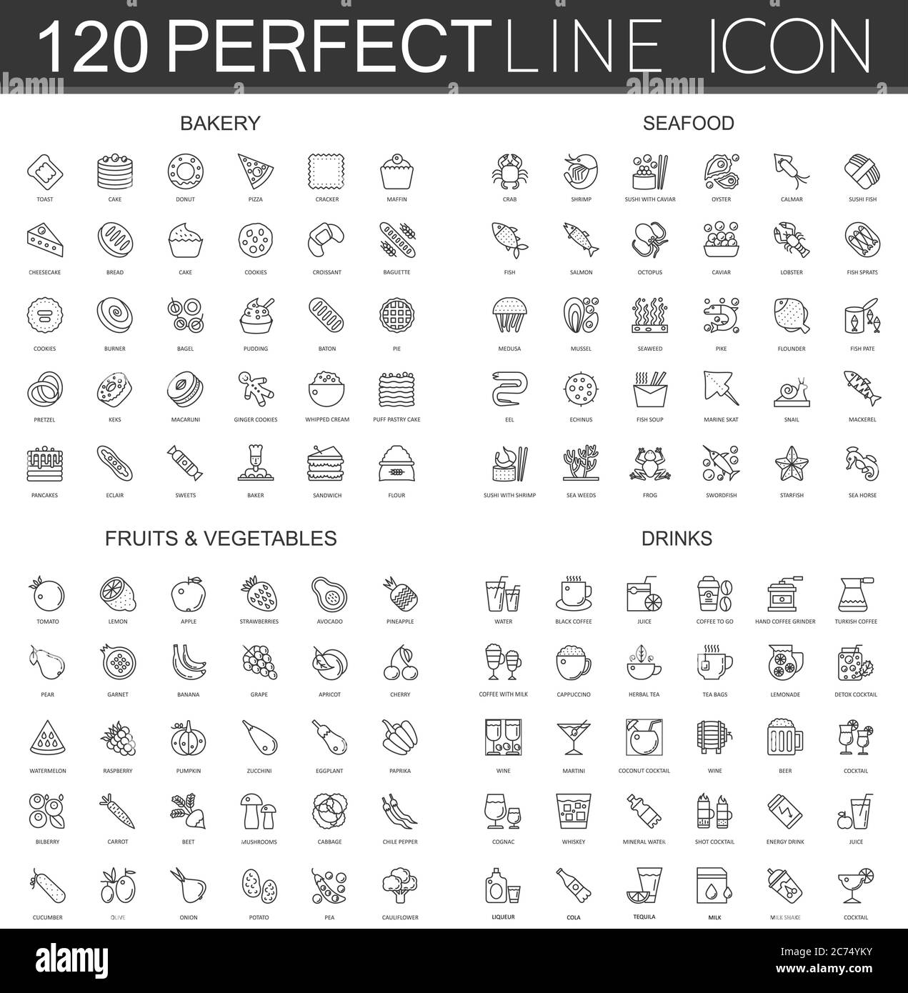 120 modern thin line icons set of bakery, seafood, fruits and vegetables, drinks isolated. Stock Vector