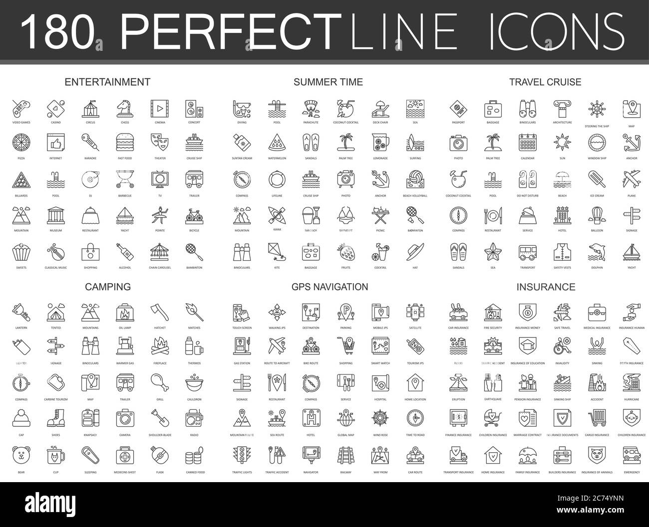 180 modern thin line icons set of entertainment, summer time, travel cruise, camping, gps navigation, insurance isolated Stock Vector