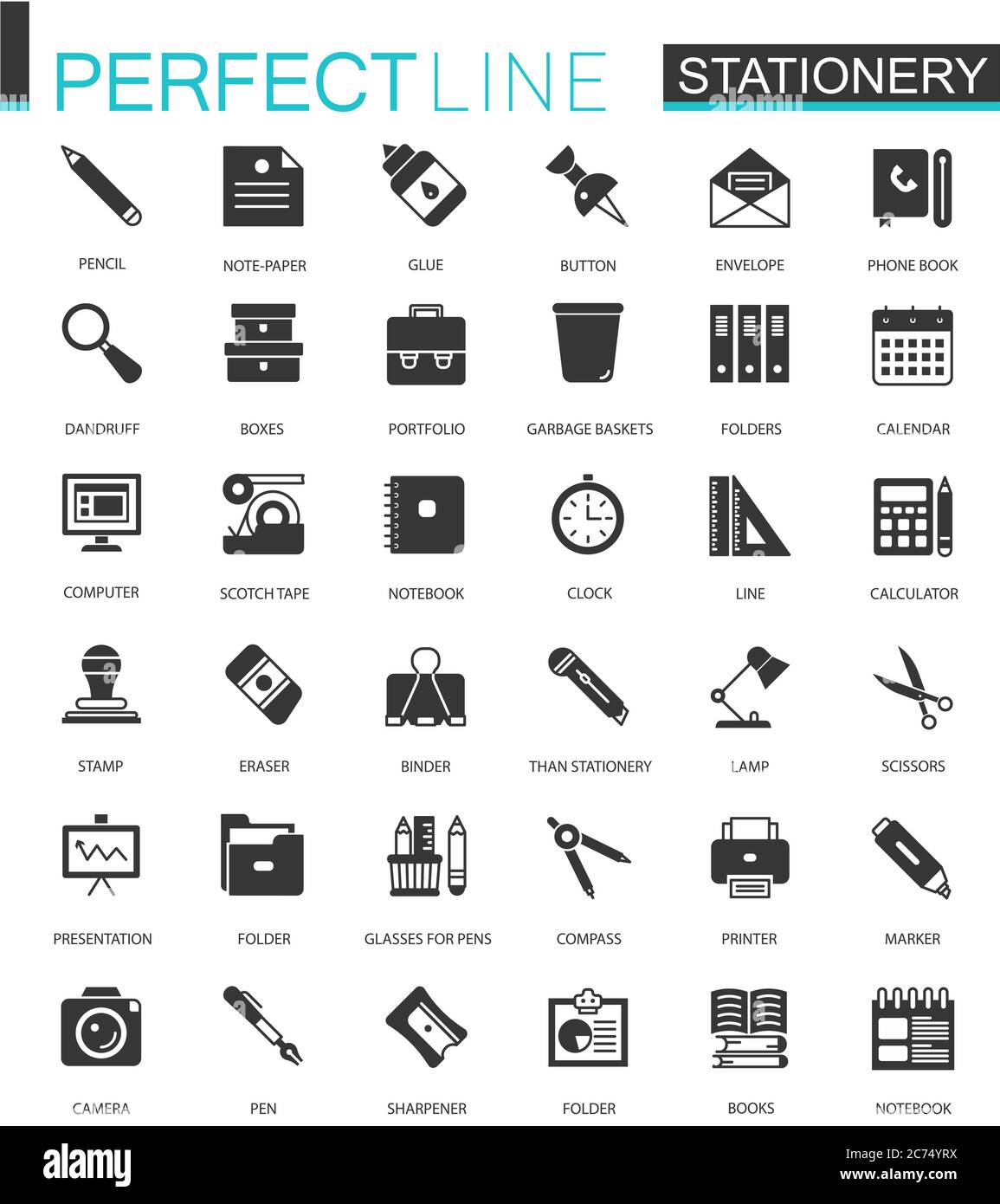 Black classic office stationery icons set for web isolated Stock Vector