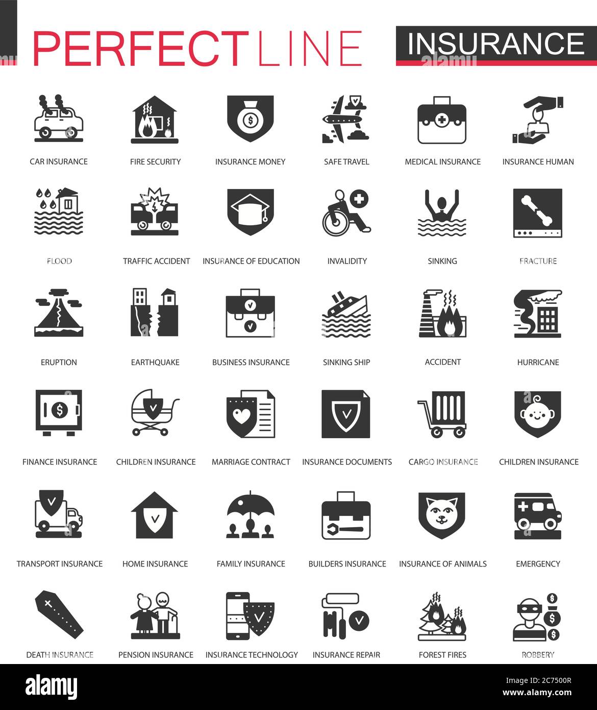 Black classic insurance icons set isolated for web Stock Vector