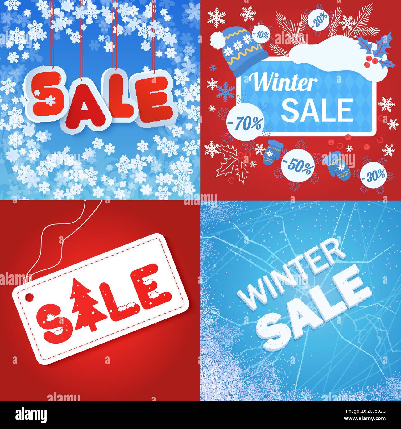 Vector illustration of blue and red colored winter sale announcements. Stock Vector