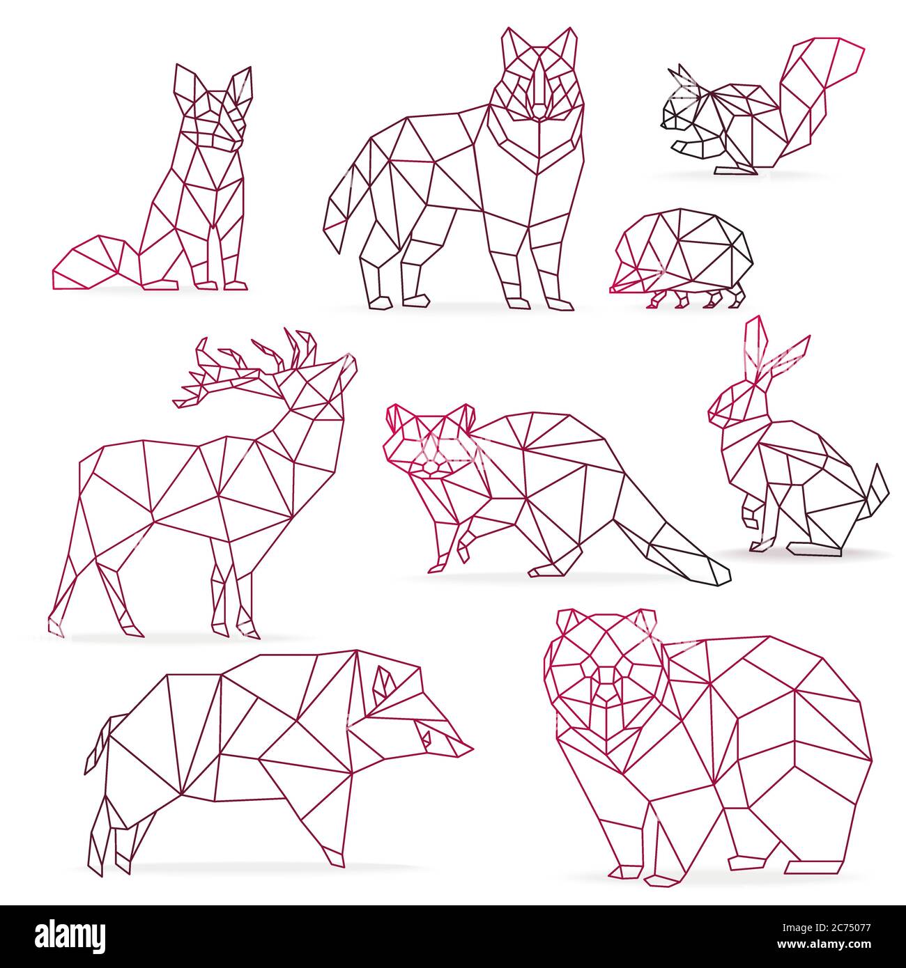 Low poly color gradient line animals set. Origami poligonal line animals.  Wolf bear, deer, wild boar, fox, raccoon, rabbit and hedgehog isolated  Stock Vector Image & Art - Alamy