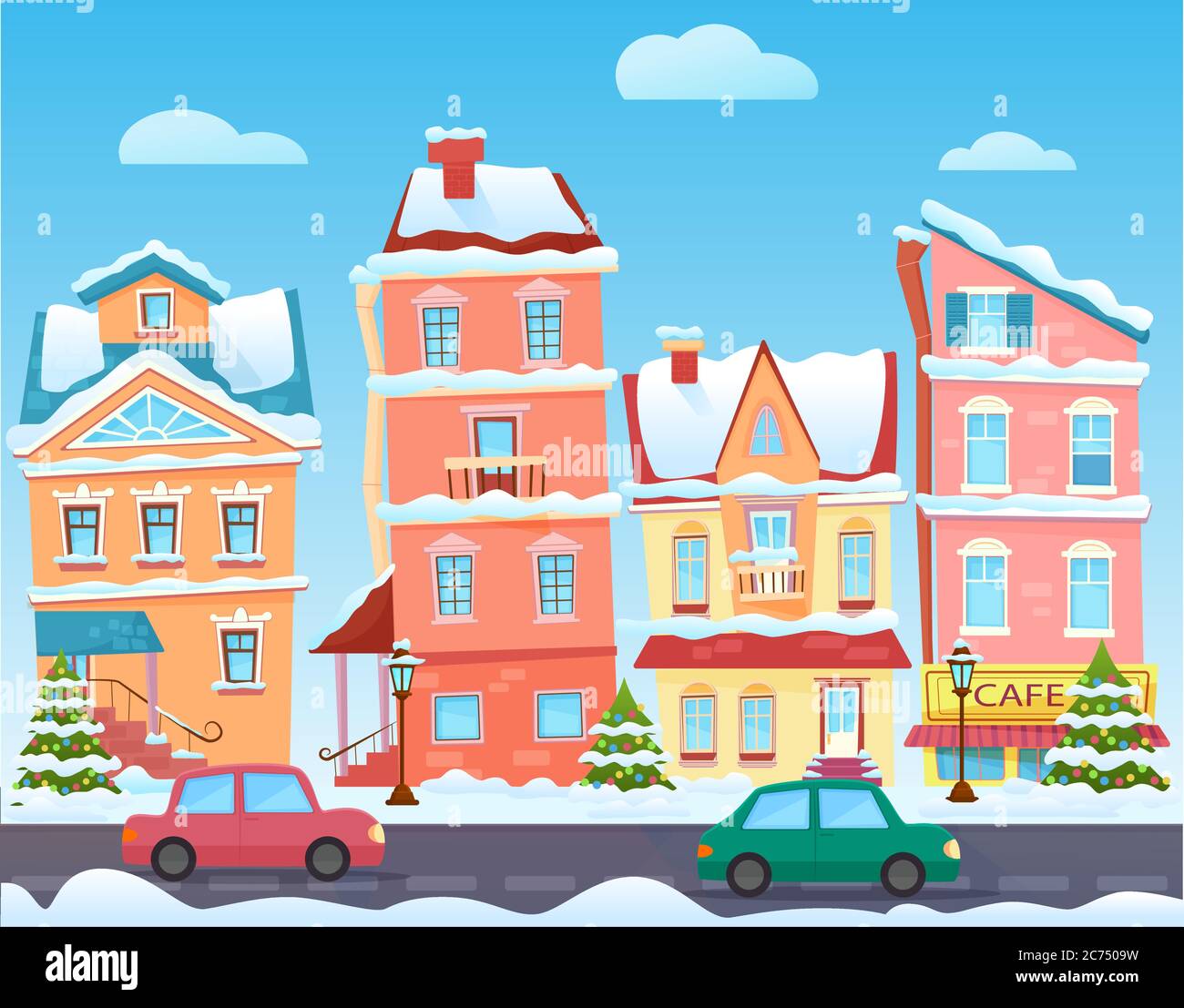 Vector Sunny cute cartoon City street at Winter. Cartoon buildings. Christmas background with urban houses and shops Stock Vector