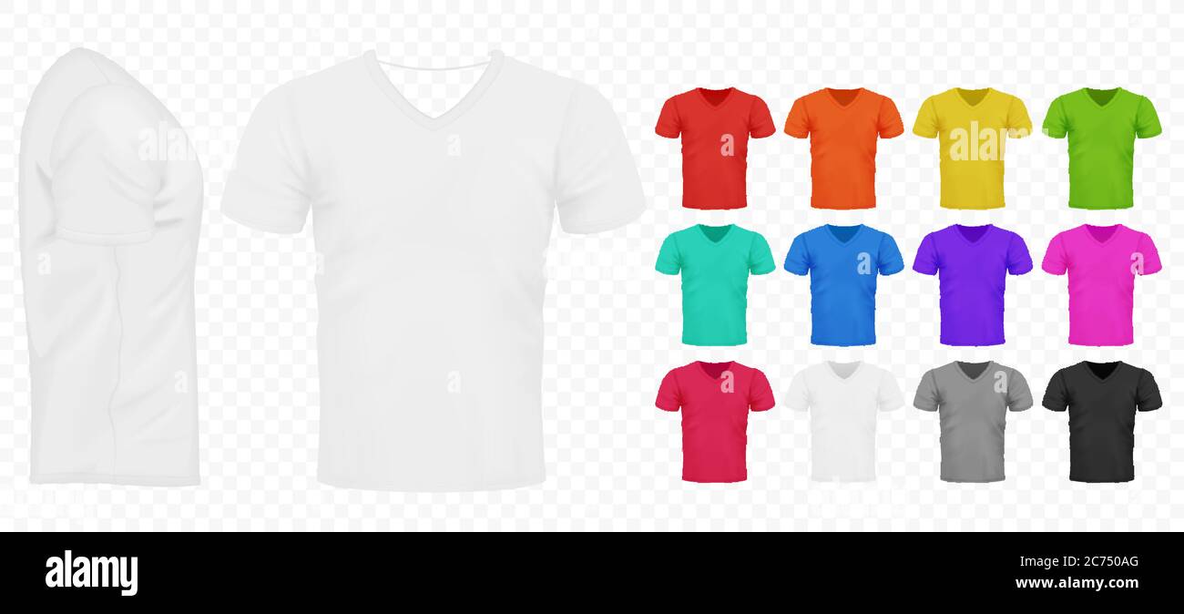 Black, white and other basic color men simple t-shirts set. Realistic design template Vector illustration Stock Vector