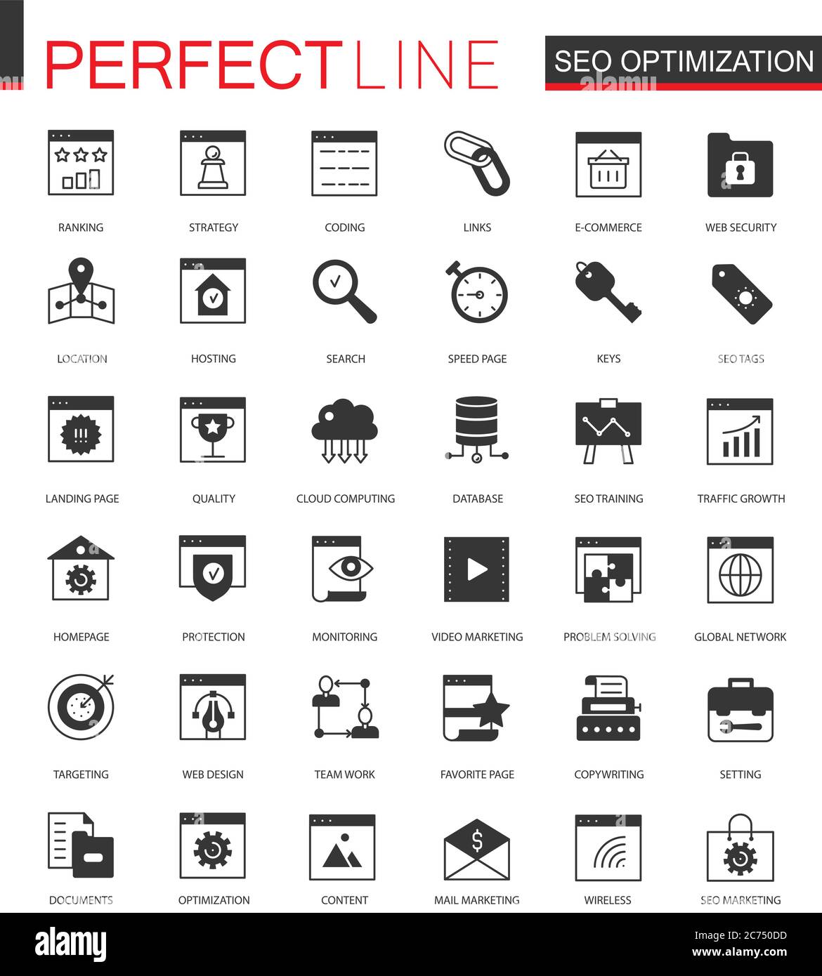 Black classic SEO and development icons set for web isolated Stock Vector