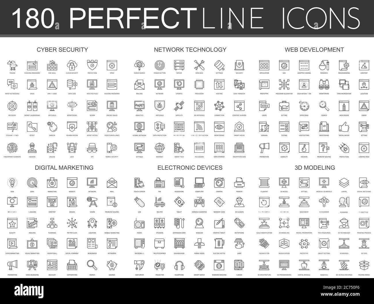 180 modern thin line icons set of cyber security, network technology ...