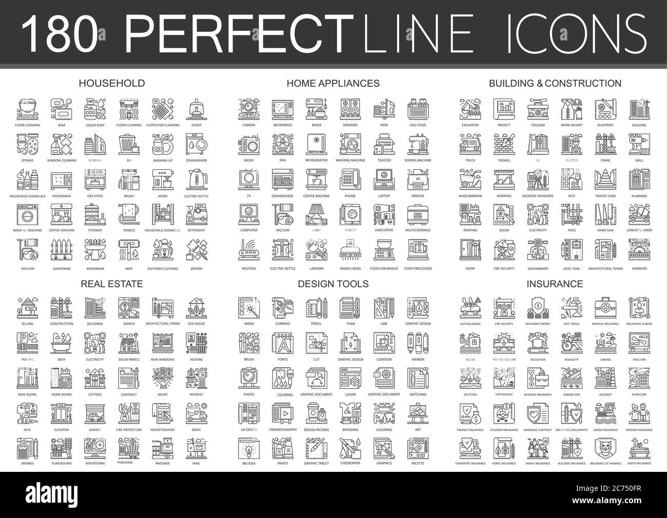 180 outline mini concept infographic symbol icons of household, home appliances, building construction, real estate, design tools, insurance isolated. Stock Vector
