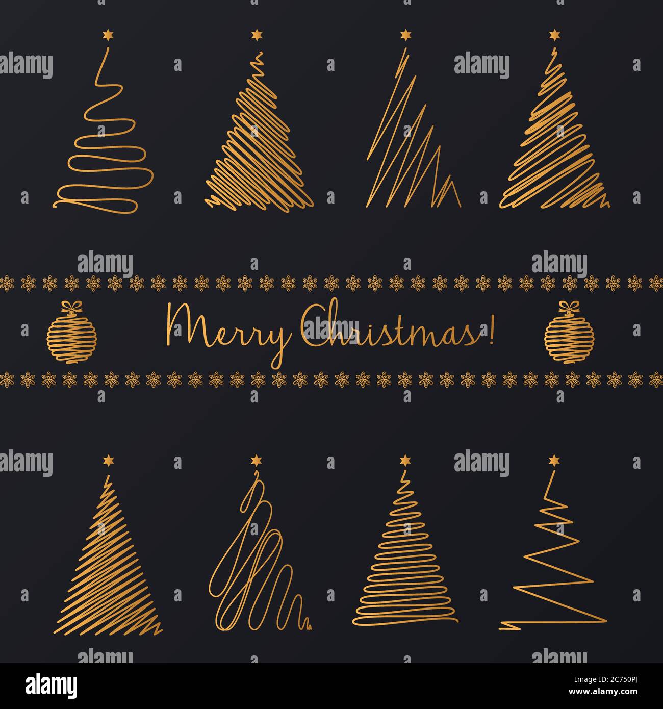Vector Abstract Hand drawing golden line graphic christmas tree set. Stock Vector