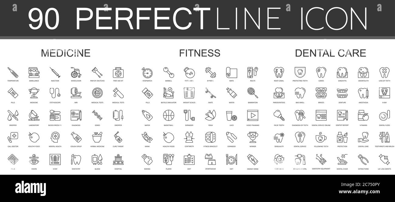 90 modern thin line icons set of medicine, fitness, dental care isolated Stock Vector