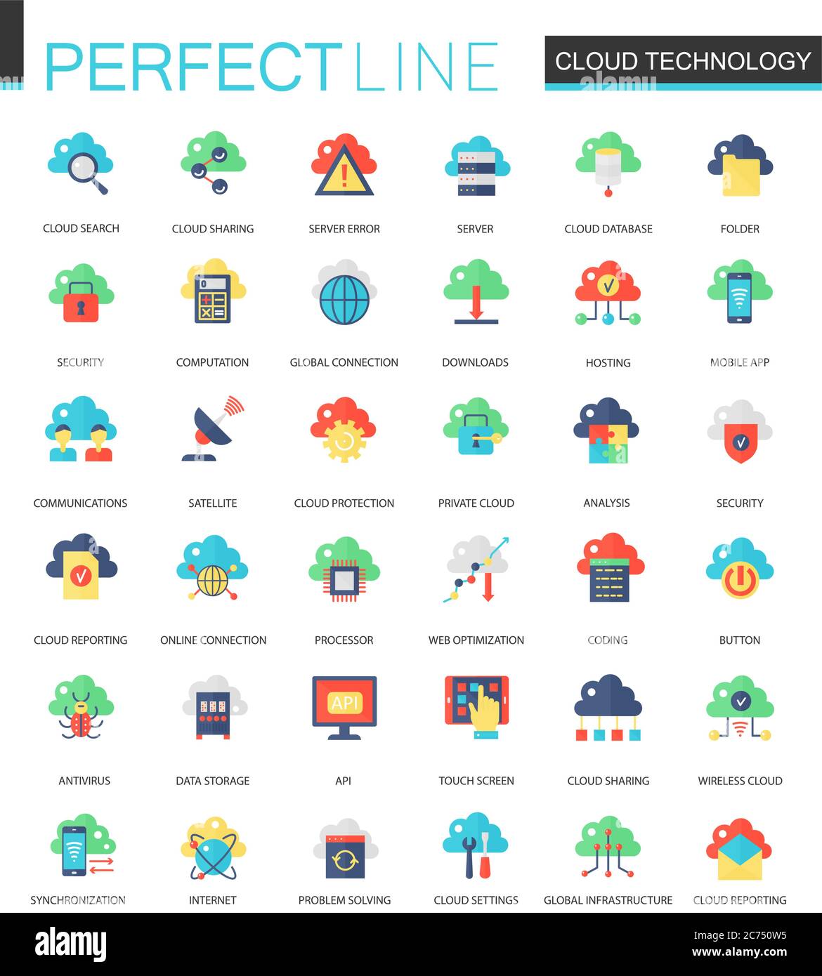 Vector set of flat Cloud data technology icons isolated Stock Vector