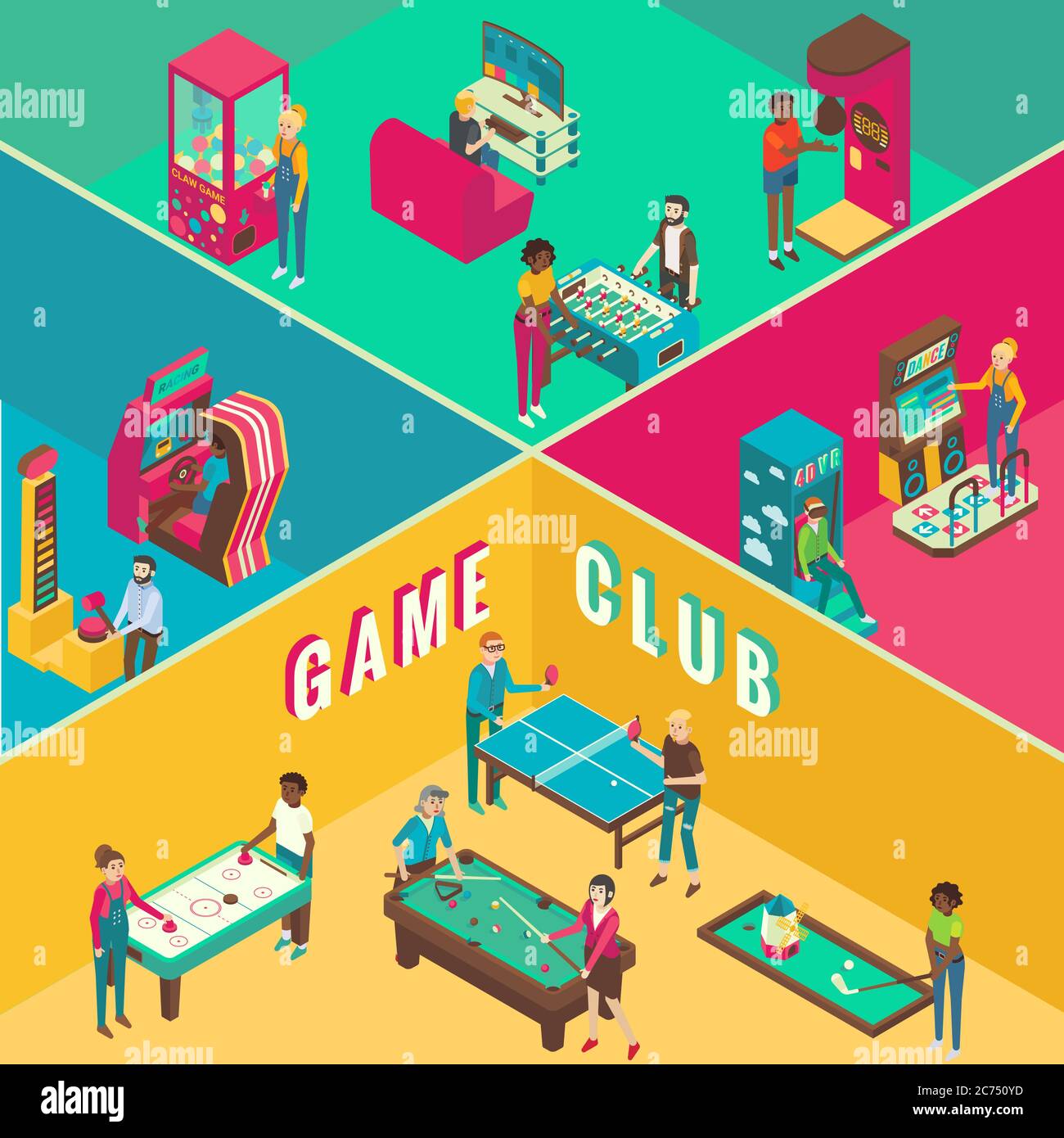 Game club cutaway interior vector flat 3d isometric illustration. Stock Vector